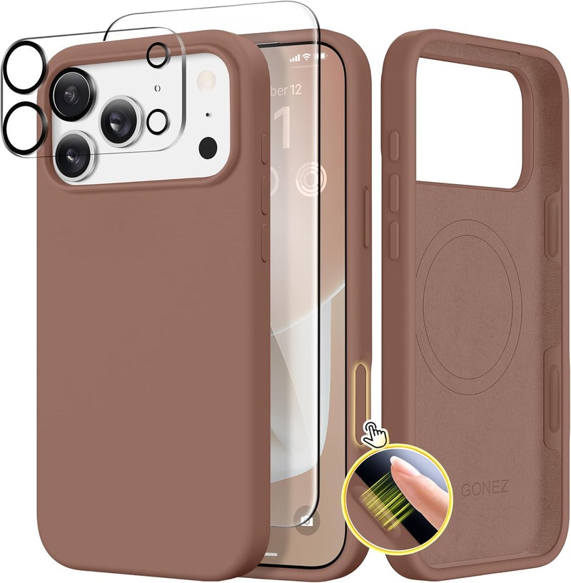 GONEZ Magnetic for iPhone 17 Pro Max Case, Compatible with MagSafe, [Screen Protector + Camera Lens Protector], Liquid Silicone Anti-Scratch Shockproof Protective Phone Case 6.9 inch, Brown - Image 1